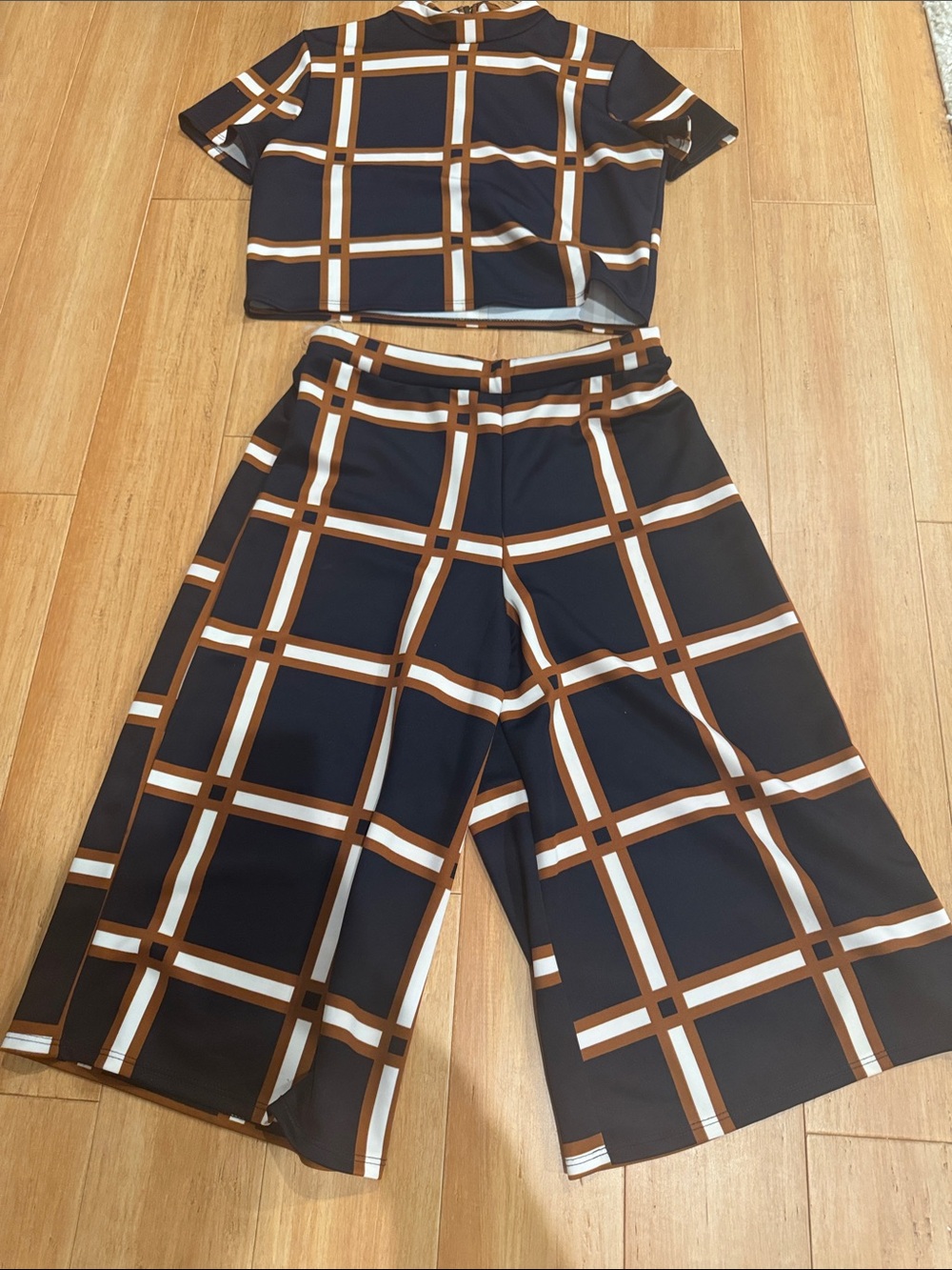 Plaid Wide-Leg Crop Culotte Set - Black & Brown